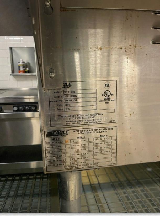 Eagle Group WT3-240 Electric Steam Table, 240V, tested, NSF/UL listed, serial 1711110006, 3000W, in excellent condition.