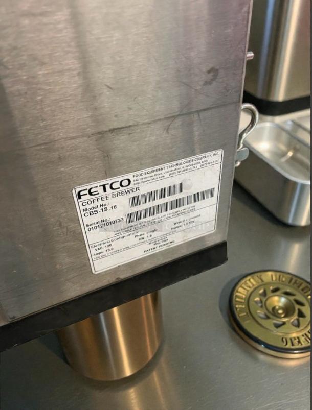 FETCO CBS-18 commercial coffee brewer in outstanding condition, 120V, single phase, fully tested, label shows model and specs.