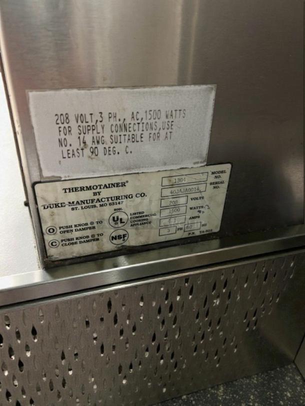Duke Thermotainer Heated Holding Cabinet, 208V, 3 Phase, excellent condition, labels show power specs and model info.