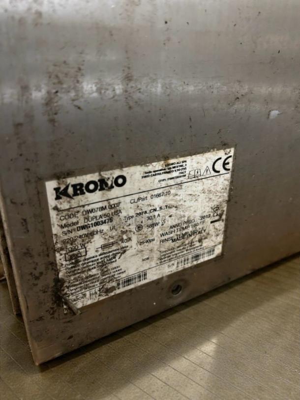 KRONO DW78M commercial undercounter dishwasher, high-grade condition, 208-240V. Visible label with specs and serial number.