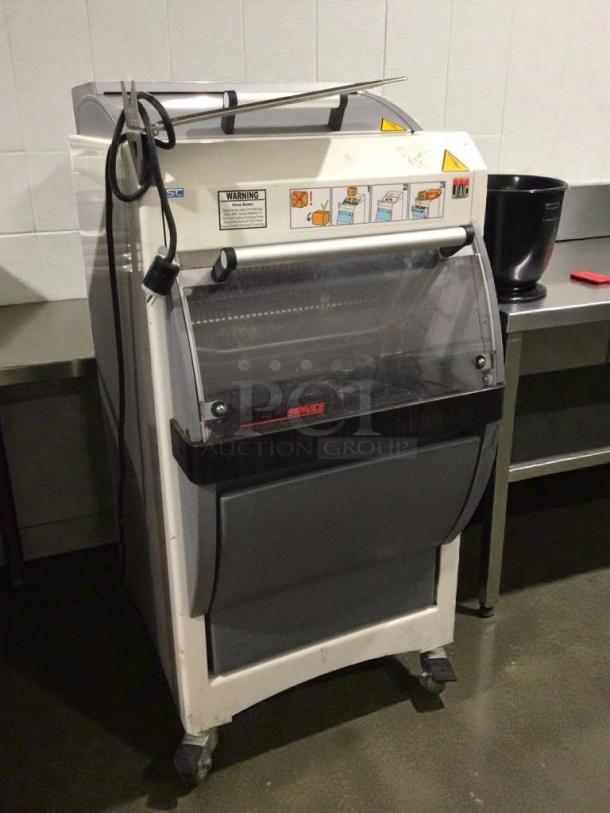 JAC KG-12FS bread slicer in refined condition, 115V, fully tested, single phase, with safety warnings and handling instructions.