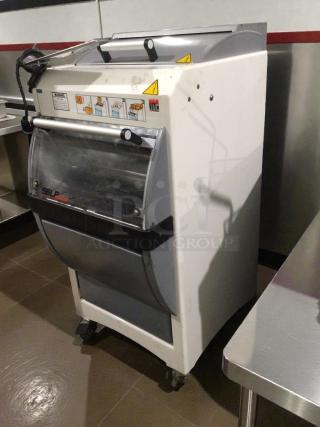 JAC KG-12FS commercial bread slicer in refined condition, 115V/single phase, tested and working. Visible labels and controls.