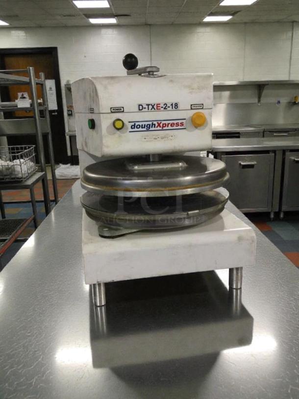 Immaculate DoughXpress D-TXE-2-18 dough press, 208–240V, single phase, fully tested. Model tag visible, excellent condition.