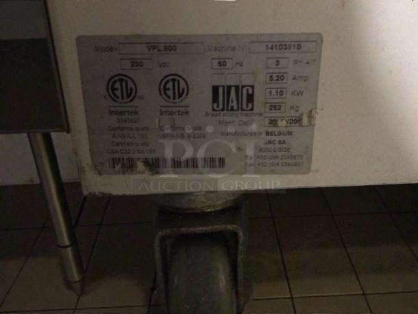 JAC VPL 800 bread slicer label showing model, voltage (230V), phase (3), amps, and manufacture details.