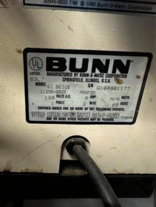 BUNN G1 Commercial Coffee Grinder label, showing model, serial number, and electrical specs. Pristine condition, 120V, single phase.