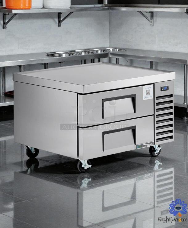 True TRCB-36-HC refrigerated chef base with two drawers, exceptional condition, model tag visible, 115V, fully tested.