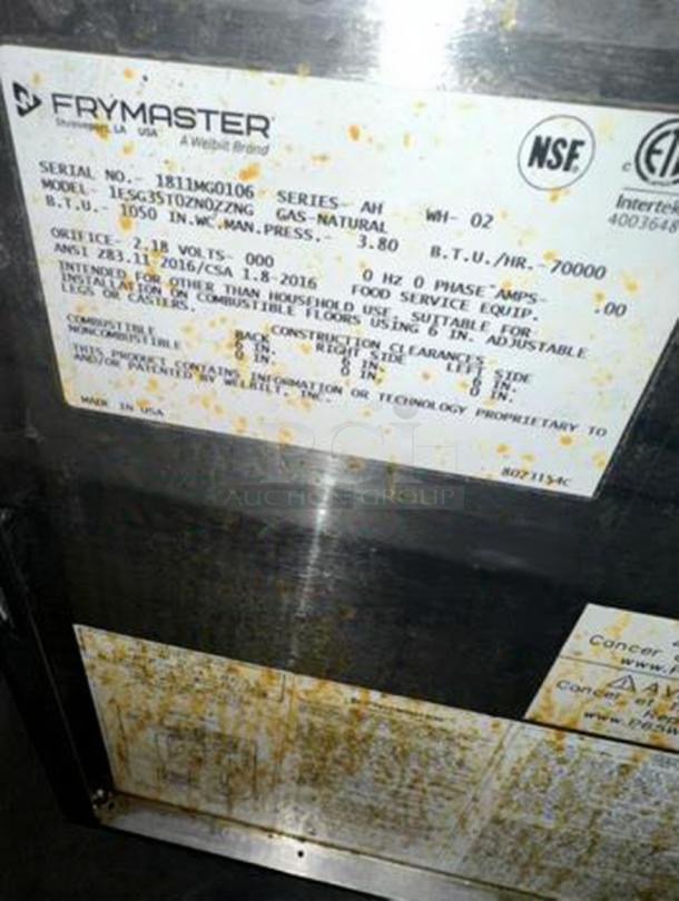 Frymaster gas fryer serial plate showing model 1F5GS35T0ZN0ZZNG, natural gas specs, 70,000 BTU, NSF certified.