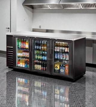 High-grade True 3-section back bar cooler with glass doors; 115V, single phase, fully tested, excellent condition.