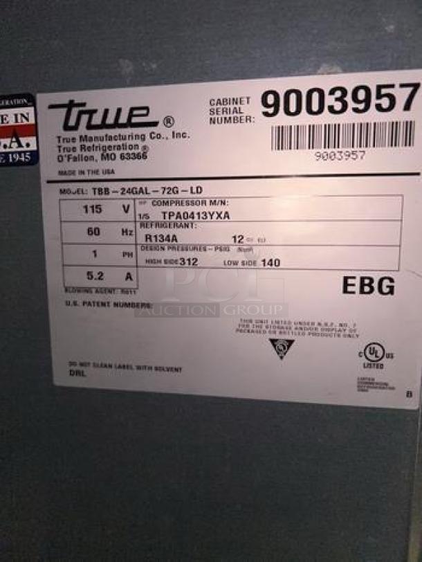 High-grade True 3-Section Back Bar Cooler label, model TBB-24GAL-72G-LD, 115V, 60Hz, R134A, serial 9003957, fully tested.