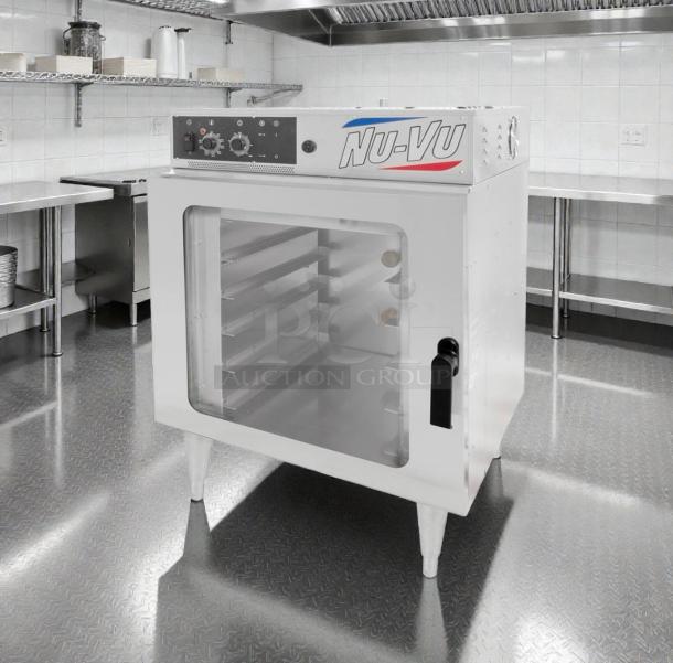 Nu-Vu RM-5T convection oven, outstanding condition, on mobile stand, single-deck, 208V/3-phase, fully tested, with control panel.