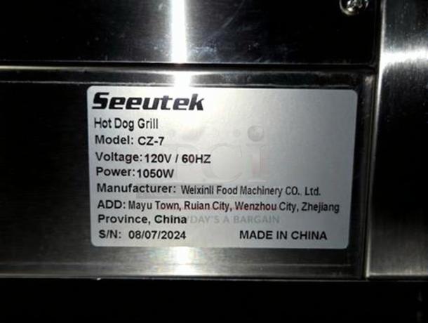 Seeutek Hot Dog Roller Grill label, Model CZ-7, 120V, 1050W. Made by Weixinli Food Machinery, China. Pristine condition.