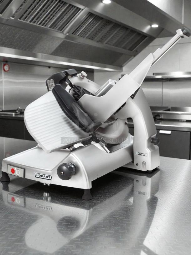 Hobart HS8 commercial heavy-duty meat slicer in high-grade condition, 120V, single phase, fully tested and working.