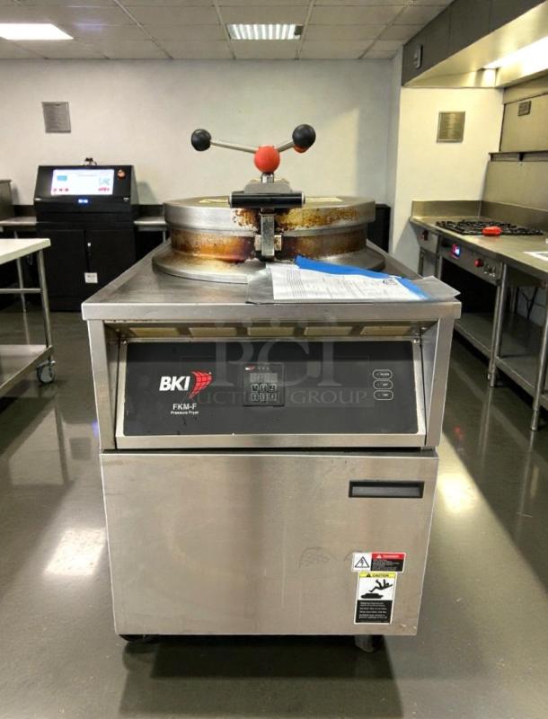 BKI FKM-F 75 lb electric pressure chicken fryer, excellent condition, 208V/3 Phase, tested and working, stainless steel.