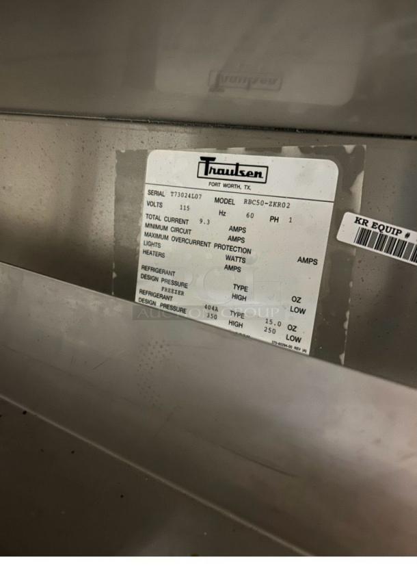 Traulsen RBC50 blast chiller label, model RBC50-ZKR02. 115V, single phase. Serial T73024L07. Fort Worth, Texas.