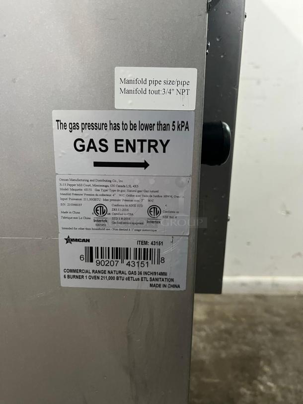 BRAND NEW Omcan 43151 36" Gas Range, 6 Burners, 211000 BTU, labels show gas pressure and certification details.