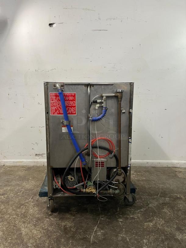 WAREFORCE UH30-E commercial dishwasher, energy-efficient, high-temperature, visible piping and connections, back view.