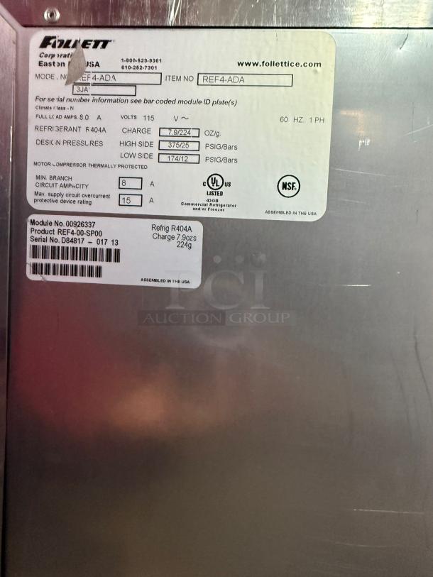 Follett REV 4-ADA undercounter refrigerator label showing specifications like 115V, R404A refrigerant, and UL, NSF certifications.
