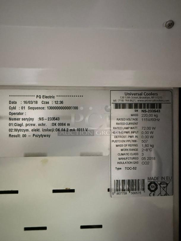 Universal Coolers commercial open-air merchandiser cooler, model NS-233543, made in 2018, voltage 115V/60Hz, work range 2-8°C.