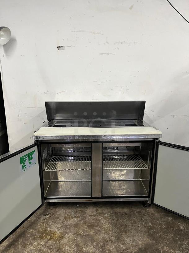 Turbo Air MST-48 M3 Series 48in Sandwich/Salad Prep Table, stainless steel, dual hinged doors open.