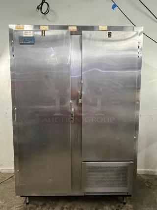 GLENCO 2-door commercial freezer, model SLA-28-S, stainless steel, visible wear, functional condition, equipment label present.