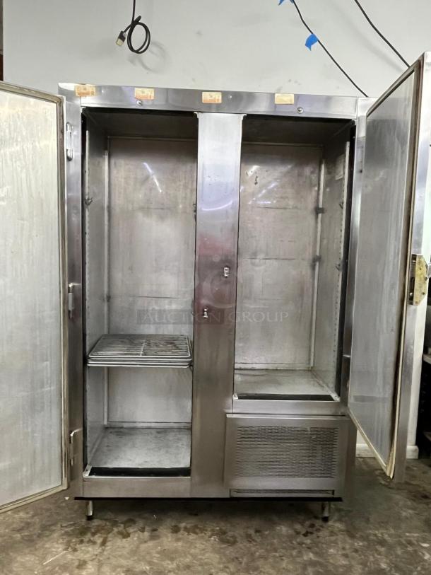 GLENCO 2 Door Commercial Freezer, Model SLA-28-S, Stainless Steel, Open Doors, Used Condition, Interior Shelving.