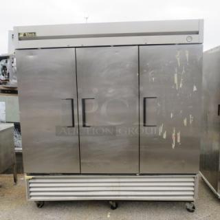 True T-72 three-door refrigerator on casters, 12 racks, stainless steel, 78x30x84 inches, 115V, used condition.