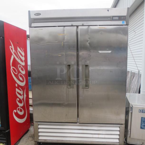 Superior 2 Door Refrigerator, Model R49-S, 4 racks, on casters, 55x31x83.5 inches, stainless steel, working condition.