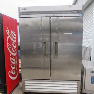 Superior 2 Door Refrigerator, Model R49-S, 4 racks, on casters, 55x31x83.5 inches, stainless steel, working condition.