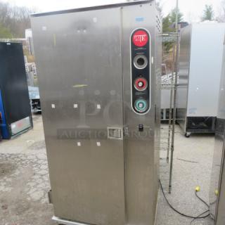 Plate Mate HM84-W1 heated holding cabinet on casters, 1 door, 120V, stainless steel, 36x30x76, used condition.