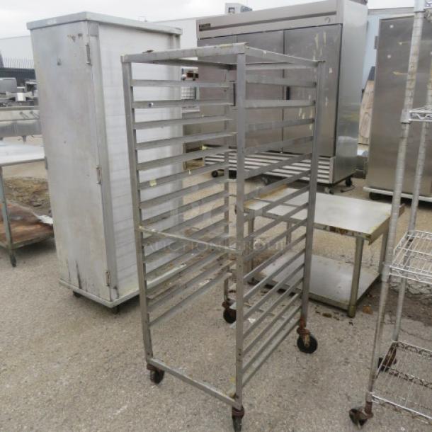 One Speed Rack on casters, measuring 21x28x58 inches. Features sturdy metal frame, multiple shelves, and mobile wheels.