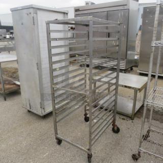 One Speed Rack on casters, measuring 21x28x58 inches. Features sturdy metal frame, multiple shelves, and mobile wheels.
