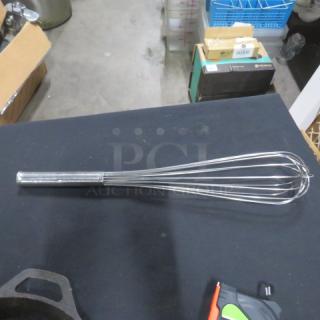18-inch stainless steel whip with a polished finish, good condition, suitable for mixing and whisking.