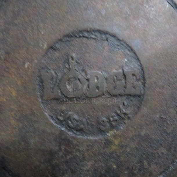 Lodge 10-inch cast iron skillet with visible brand logo, used condition, showing signs of wear and patina.