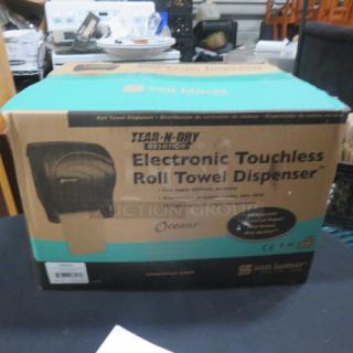 San Jamar T8090TBL Oceans Electronic Touchless Paper Towel Dispenser, new in box, tear-and-dry function, black.
