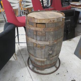 Wooden whiskey barrel with wooden top, dimensions 41x40 inches, rustic condition, ring marks visible.