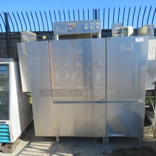 Meiko K-66ET Conveyor Dishwasher, stainless steel, 480V, 3-phase, visible control panel, used condition.