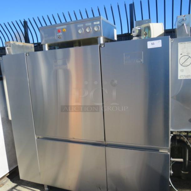 Meiko K-66ET Conveyor Dishwasher, stainless steel, 480V, 3 phase, industrial, buttons and controls visible, used condition.