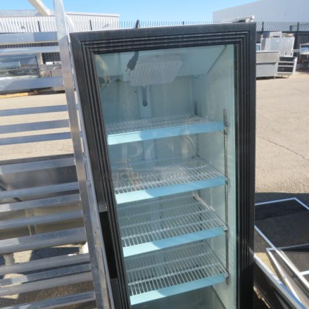 Avantco 1 Door Glass Display Cooler, Model 178GDC10HCW, with 4 shelves, 115V, dimensions 22x22x63 inches.