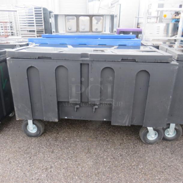 Arctic Super Mobile Beverage Cart, Model IRP-720, 50x31x36, on casters, black, with handles, for indoor/outdoor use.