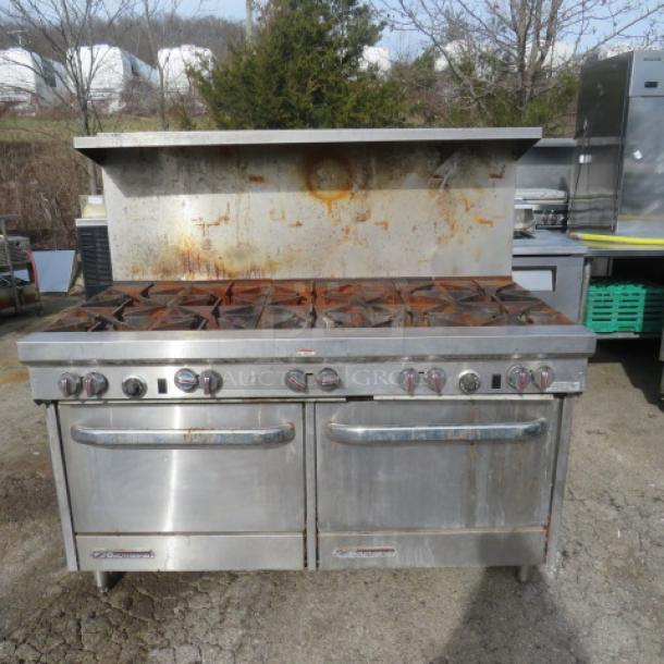 Southbend S60DD 10 Burner Natural Gas Range with stainless steel over shelf, 61x34x66.5 inches, used condition.