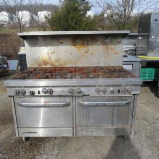 Southbend S60DD 10 Burner Natural Gas Range with stainless steel over shelf, 61x34x66.5 inches, used condition.