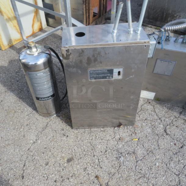 Stainless steel Captive Air hood system with return air and Ansul. Includes visible Ansul cylinder and control box. Good condition.
