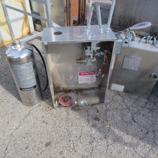 One Captive Air stainless steel hood system with return air and Ansul fire suppression, visible caution label, good condition.