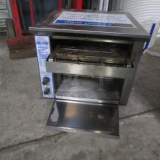 Belleco conveyor toaster, model JT-1, 120 Volt, stainless steel, 14.5x18x13 inches, dual controls, open crumb tray.