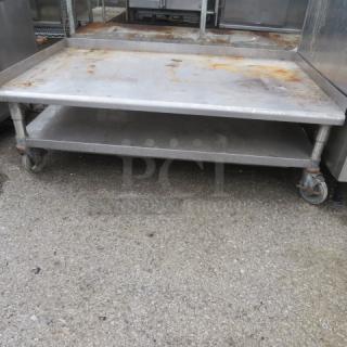 Stainless steel equipment table with under shelf on casters, 49x31x18 inches. Shows wear and rust on surface.