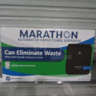 Marathon Automatic Hands Free Paper Towel Dispenser, new in box, features automated hands-free operation, eliminates waste.