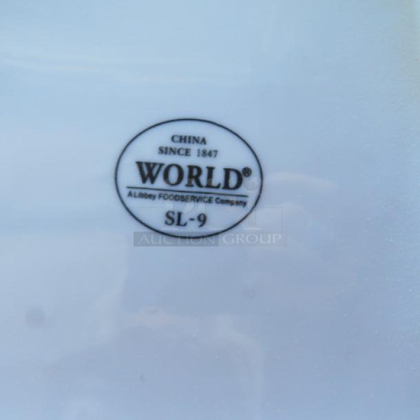 9-inch World white square plate, model SL9. Features "World" and "SL-9" marking. Made by Libbey Foodservice Company.