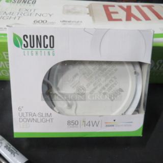 Sunco 6 Inch Slim Downlight, 850 lumens, 14W, 3000K warm white, new in box, energy-efficient LED lighting.