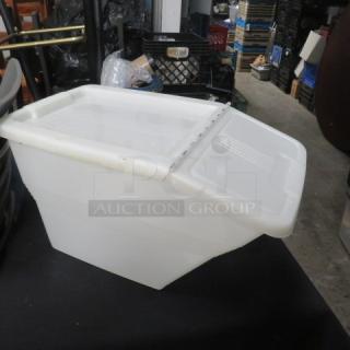 One Tucker 2.5 gallon shelf ingredient bin with flip lid, white plastic, gently used, visible hinge design for easy access.