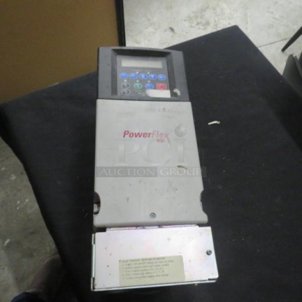 Allen-Bradley Powerflex 400 Fan and Pump Drive, model Powerflex 400, with visible control panel and logo, used condition.